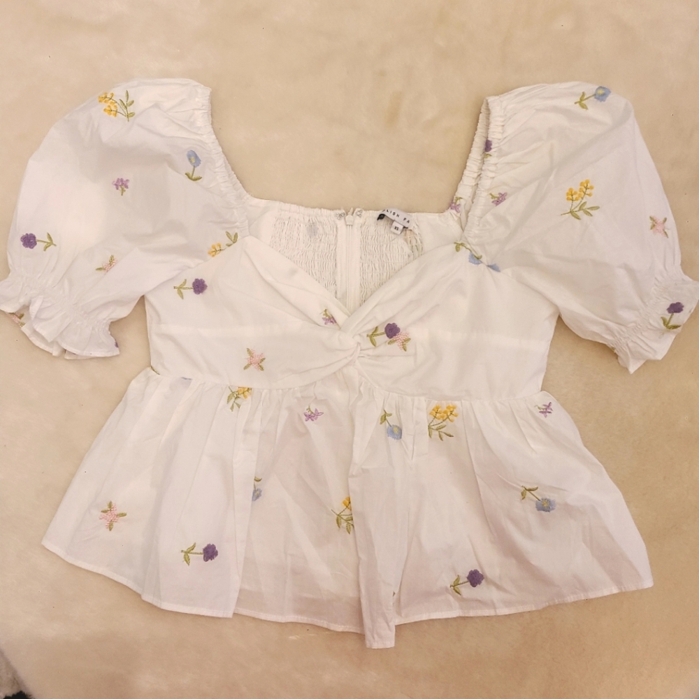 English Factory White Puff Sleeve Embroidered Floral Peplum Top